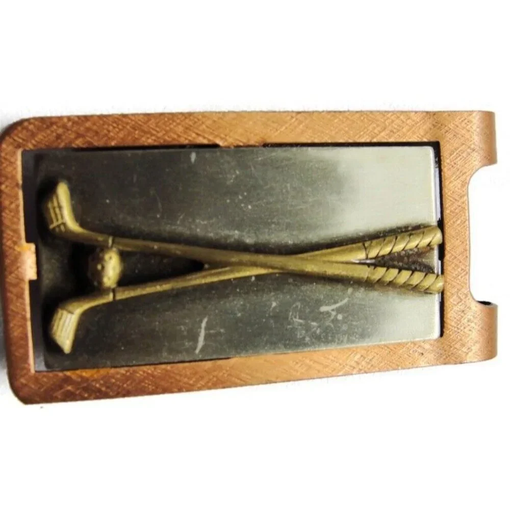 Golf Clubs Brass Tone, Copper Tone & Grey Money Clip Stainless Steel Wallet
